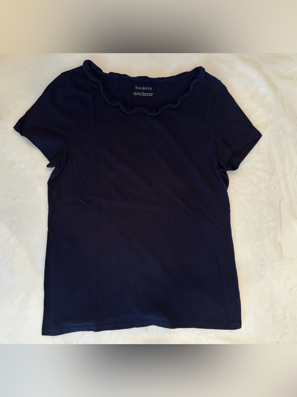 Talbots Navy Short Sleeve Top with Ruffle Neck